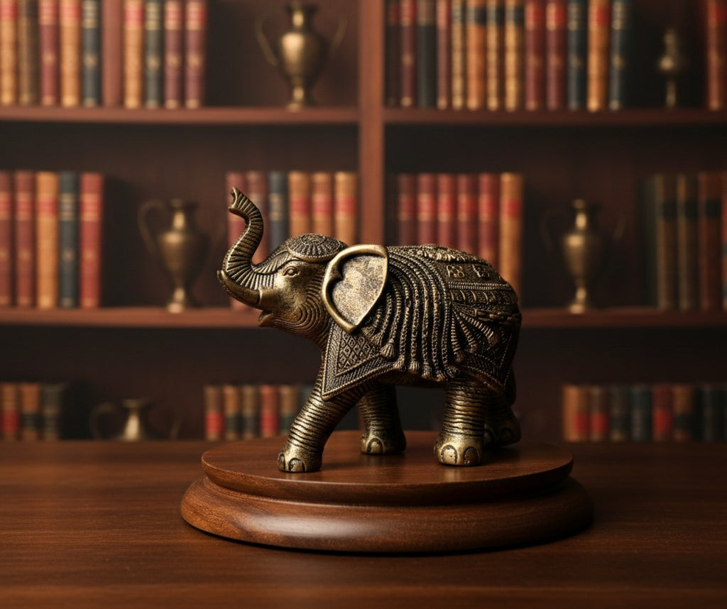 Antique Gold Finish Elephant Family Figurine-10"8"5"