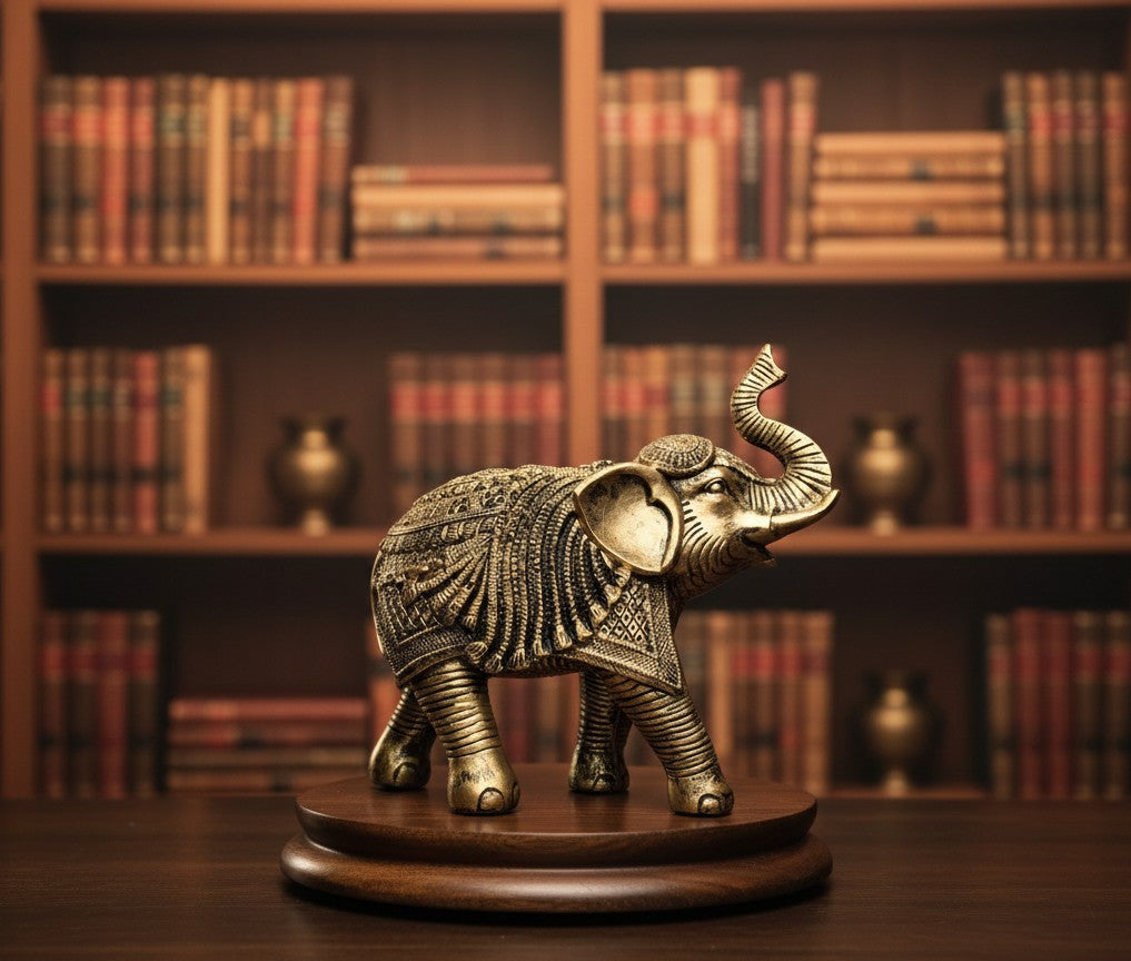 Antique Gold Finish Elephant Family Figurine-10"8"5"