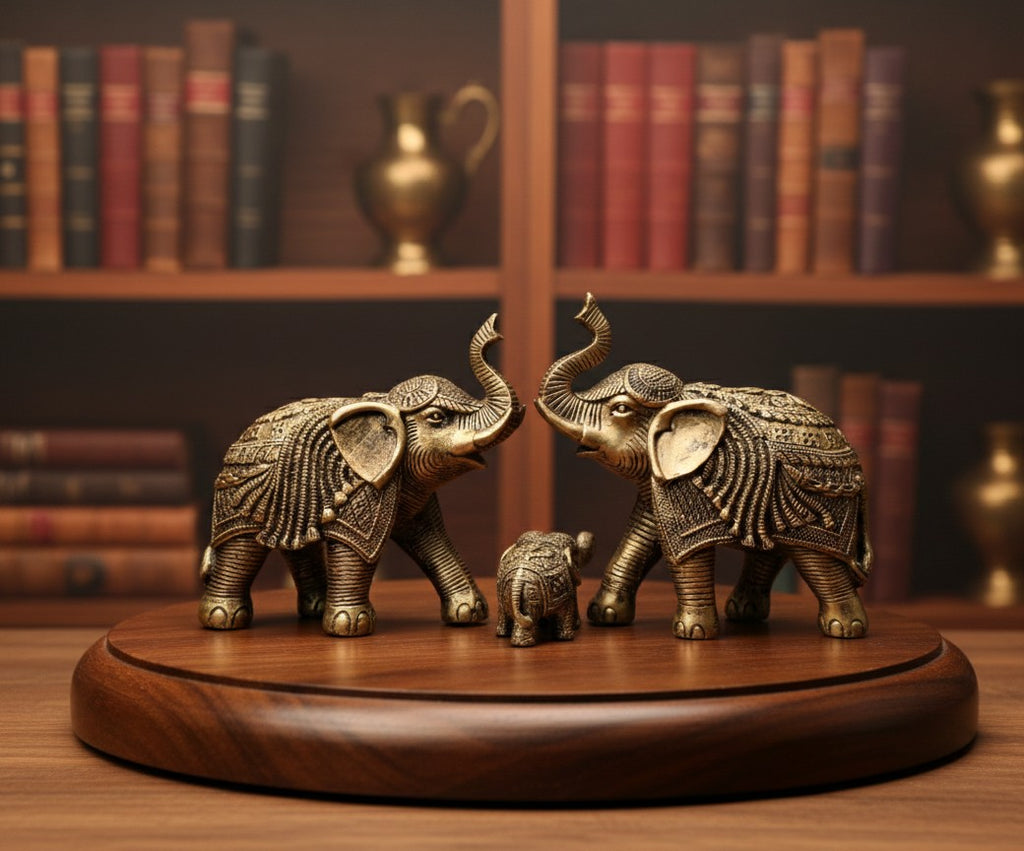 Antique Gold Finish Elephant Family Figurine-10"8"5"