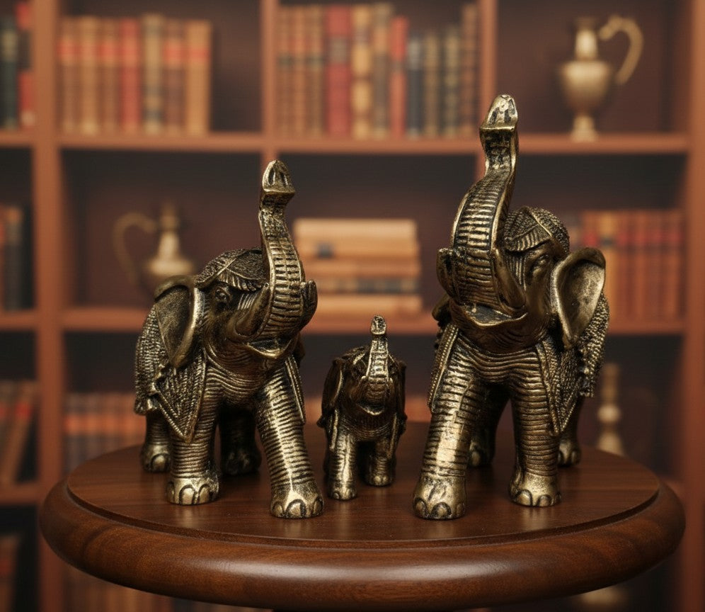 Antique Gold Finish Elephant Family Figurine-10"8"5"