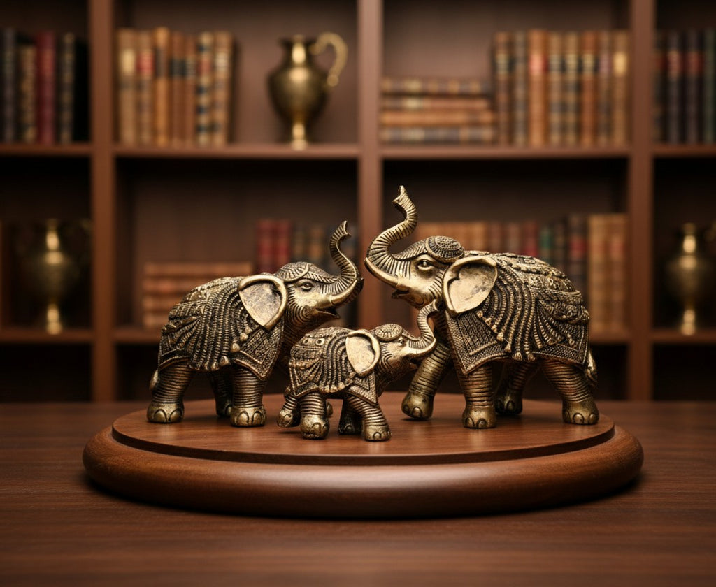 Antique Gold Finish Elephant Family Figurine-10"8"5"