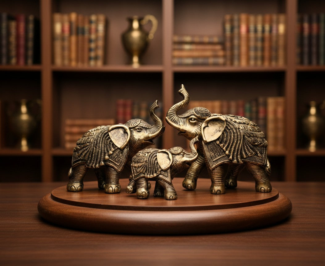 Antique Gold Finish Elephant Family Figurine-10"8"5"