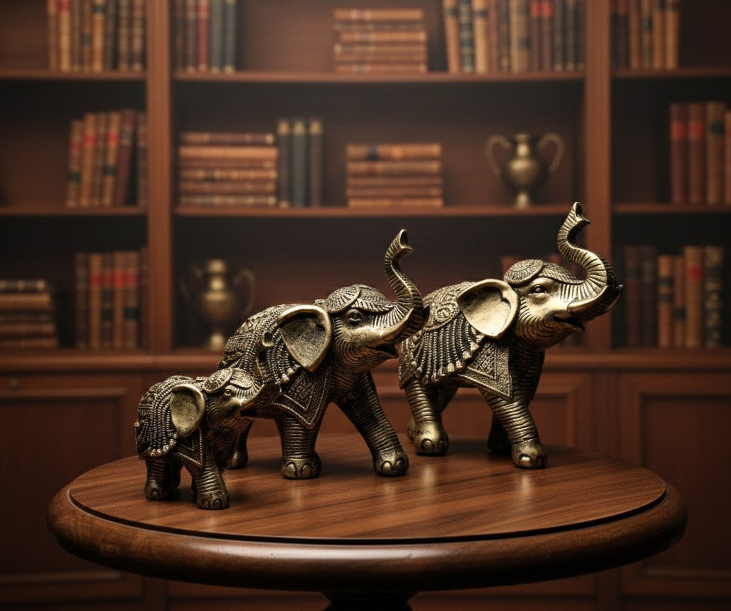 Antique Gold Finish Elephant Family Figurine-10"8"5"