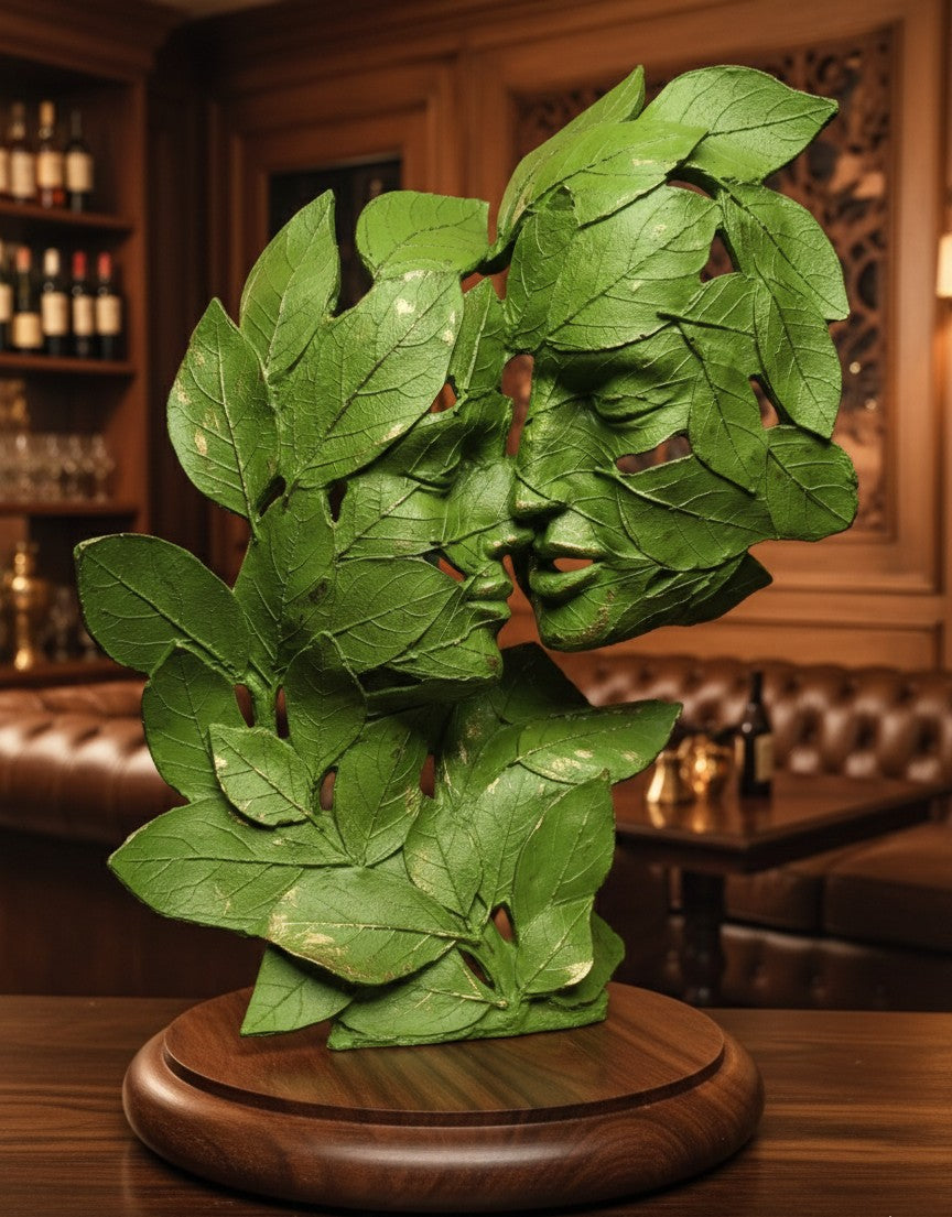 Leaf-Crafted Surrealist Face Sculptures 15"12"10"