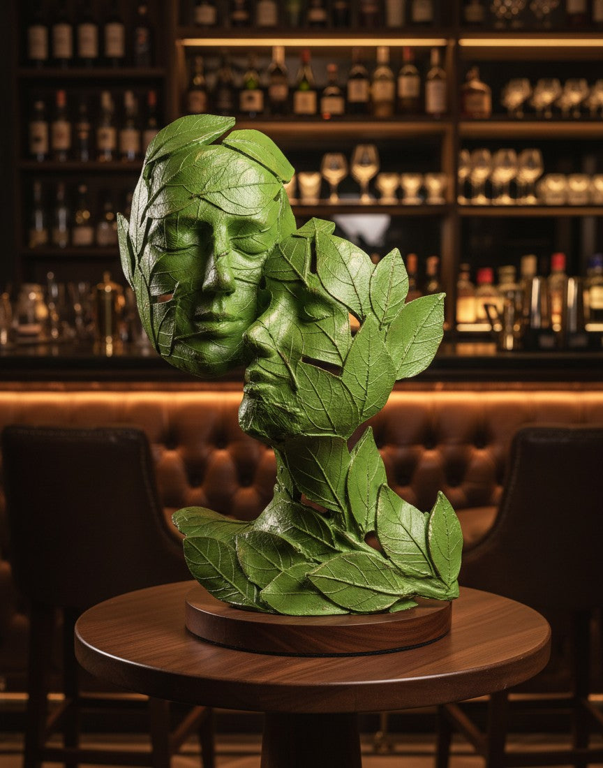 Leaf-Crafted Surrealist Face Sculptures 15"12"10"