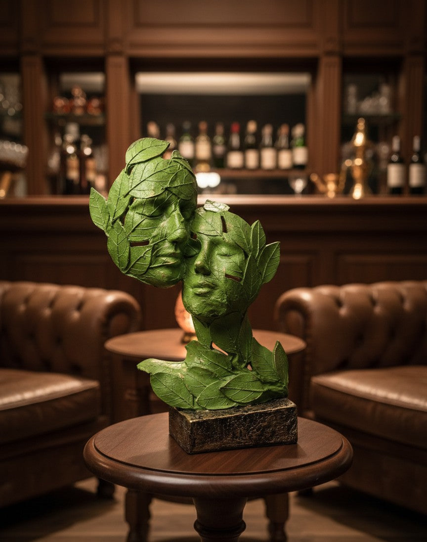Leaf-Crafted Surrealist Face Sculptures 15"12"10"