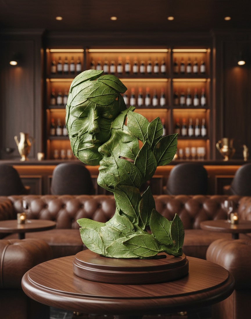 Leaf-Crafted Surrealist Face Sculptures 15"12"10"