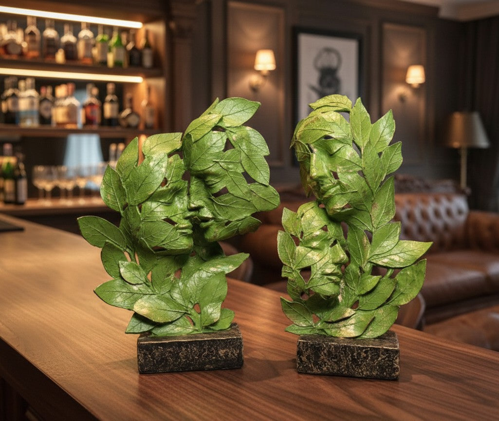 Leaf-Crafted Surrealist Face Sculptures 15"12"10"