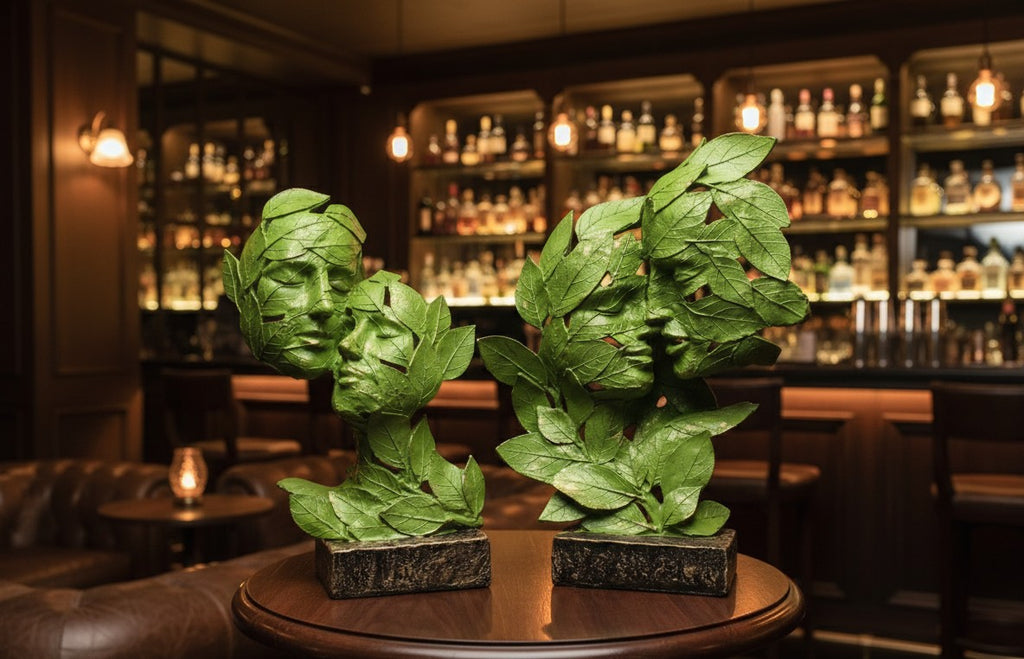 Leaf-Crafted Surrealist Face Sculptures 15"12"10"