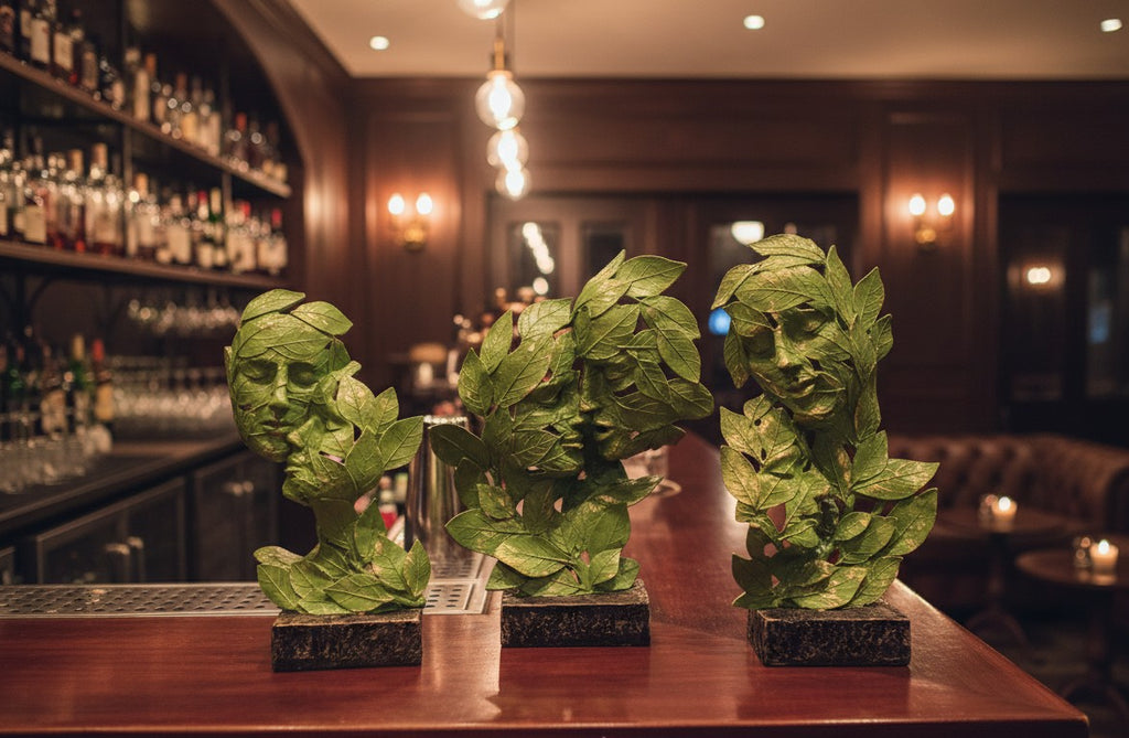 Leaf-Crafted Surrealist Face Sculptures 15"12"10"