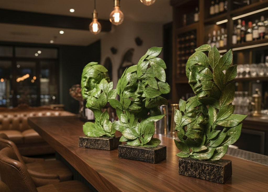 Leaf-Crafted Surrealist Face Sculptures 15"12"10"