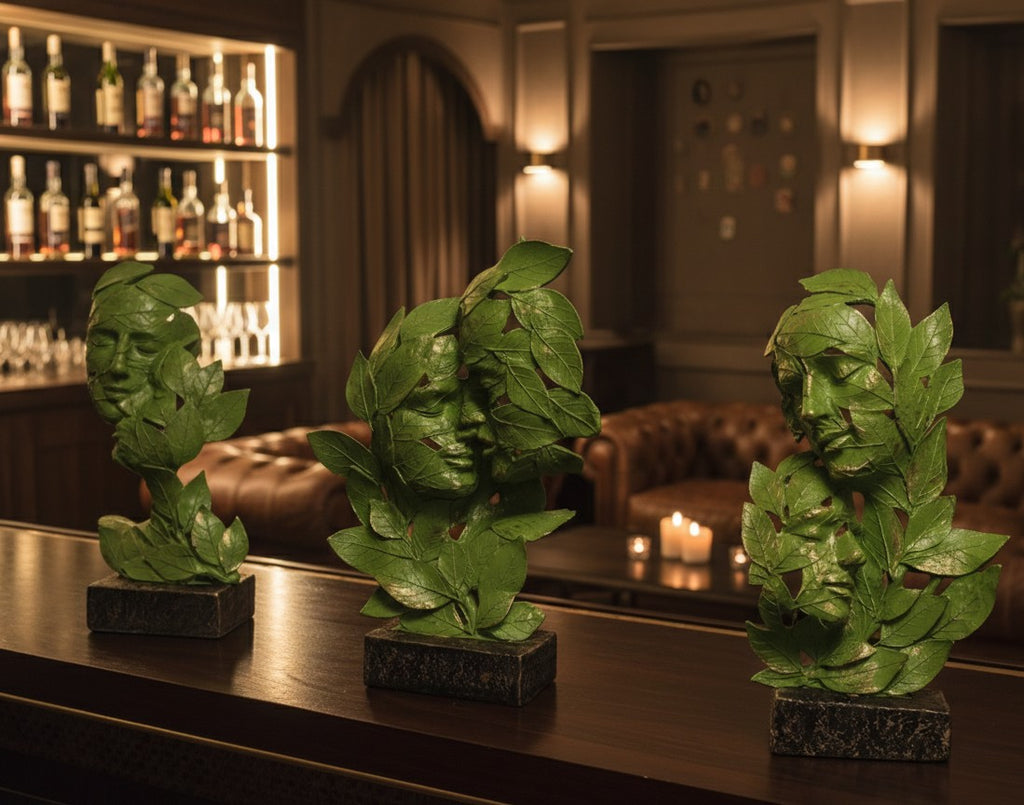 Leaf-Crafted Surrealist Face Sculptures 15"12"10"