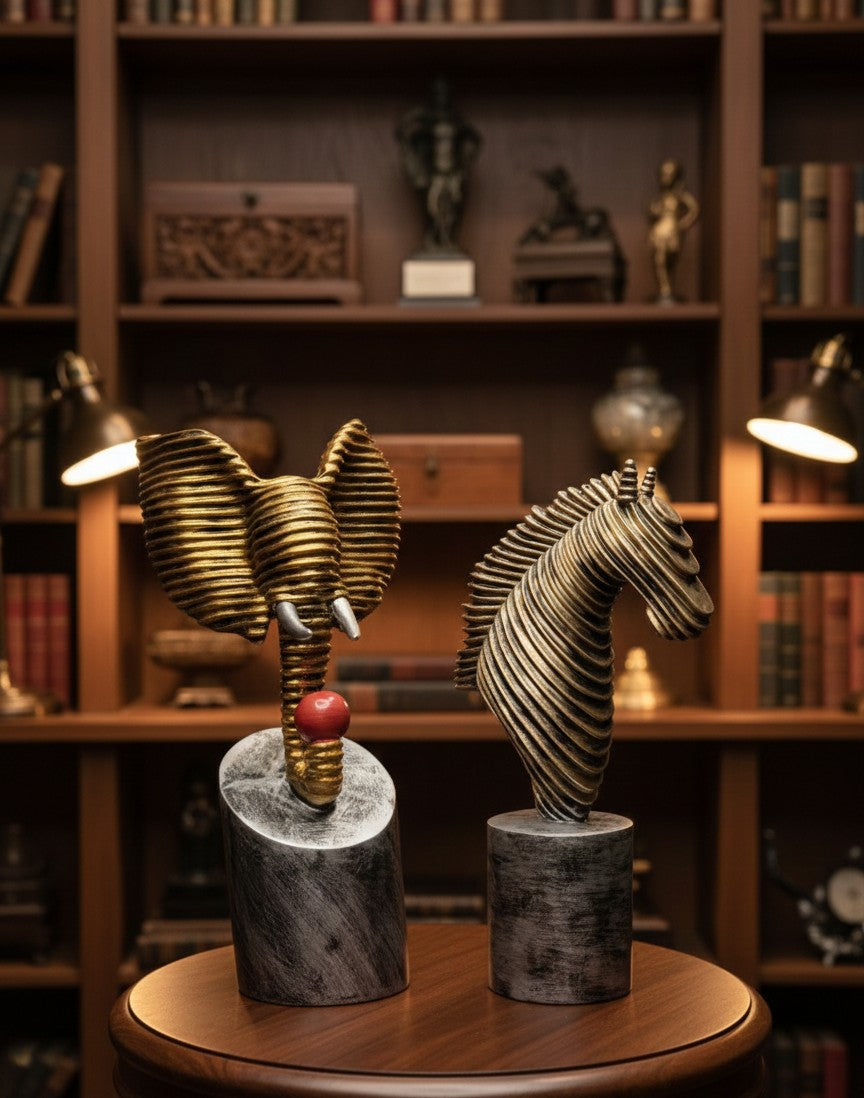 Linear Ribbed Safari Statues – Elephant & Horse Set 12"10"