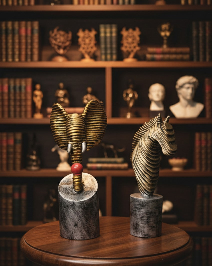 Linear Ribbed Safari Statues – Elephant & Horse Set 12"10"