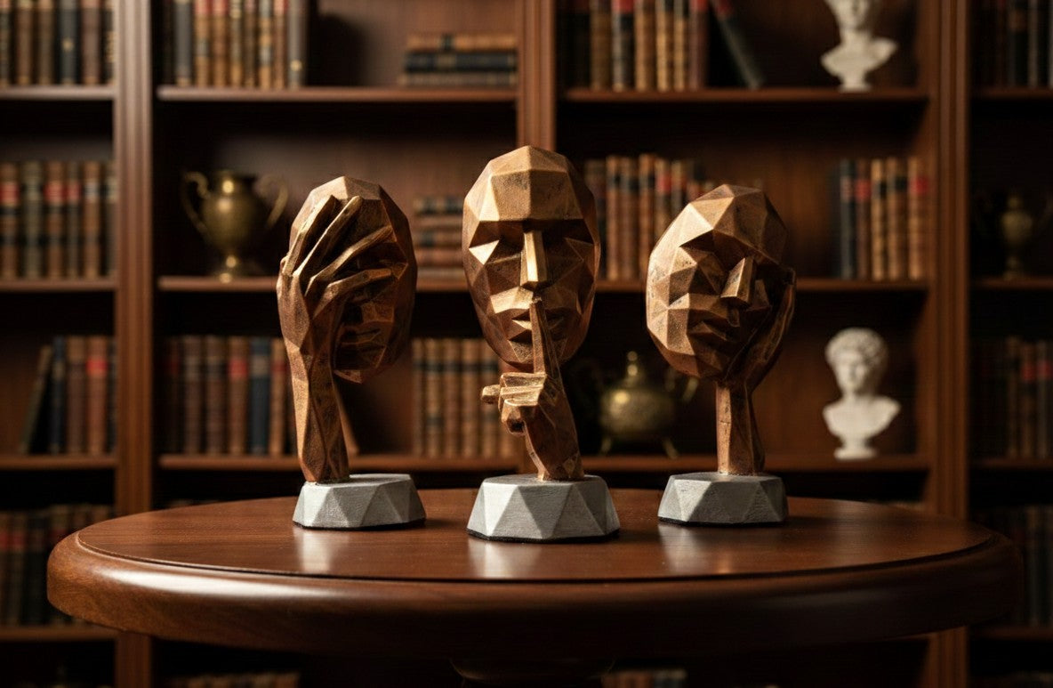 Geometric Bronze "Silent Reflection" Trio – Abstract Face Statues 10"