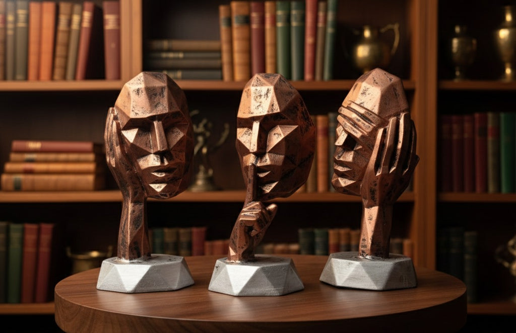 Geometric Bronze "Silent Reflection" Trio – Abstract Face Statues 10"