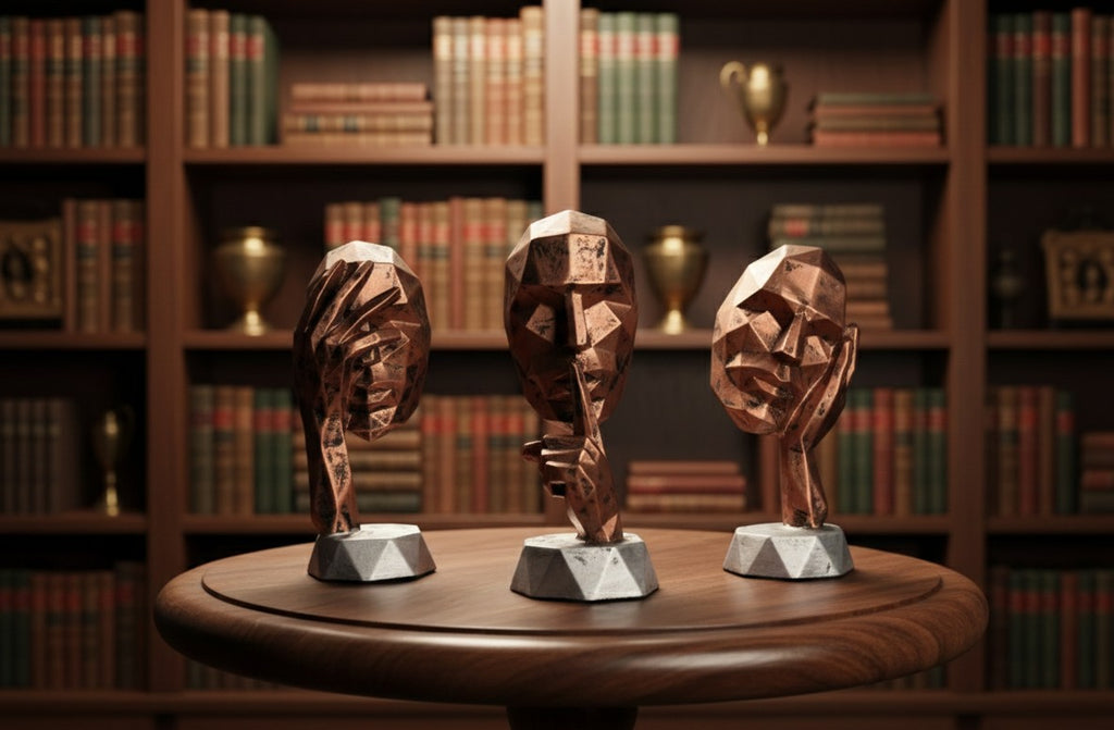 Geometric Bronze "Silent Reflection" Trio – Abstract Face Statues 10"