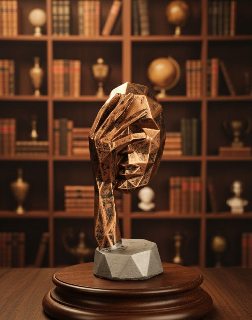 Geometric Bronze "Silent Reflection" Trio – Abstract Face Statues 10"