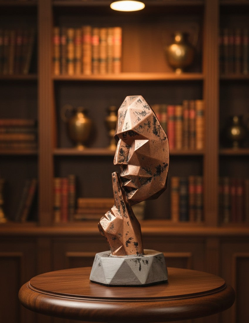 Geometric Bronze "Silent Reflection" Trio – Abstract Face Statues 10"