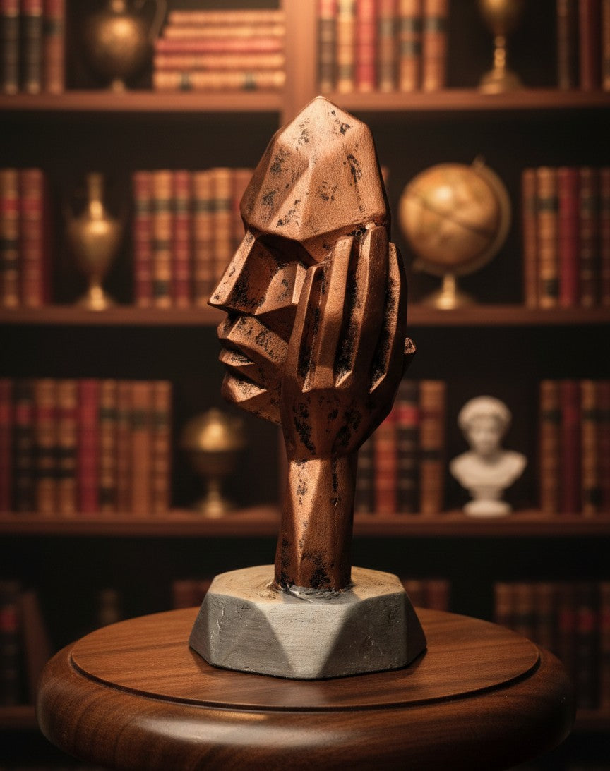Geometric Bronze "Silent Reflection" Trio – Abstract Face Statues 10"
