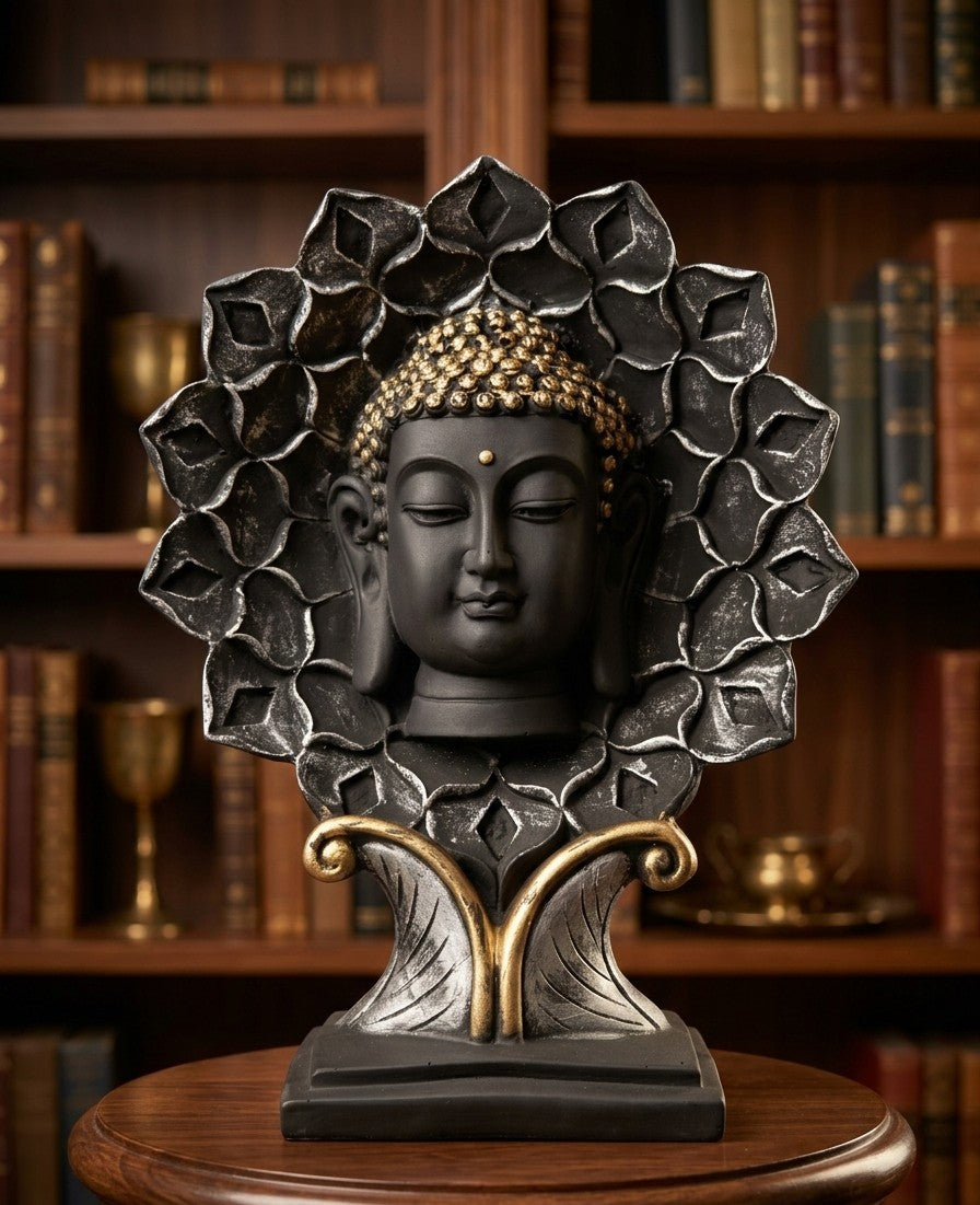 Serene Buddha Head Statue – Matte Black & Gold Halo 12"