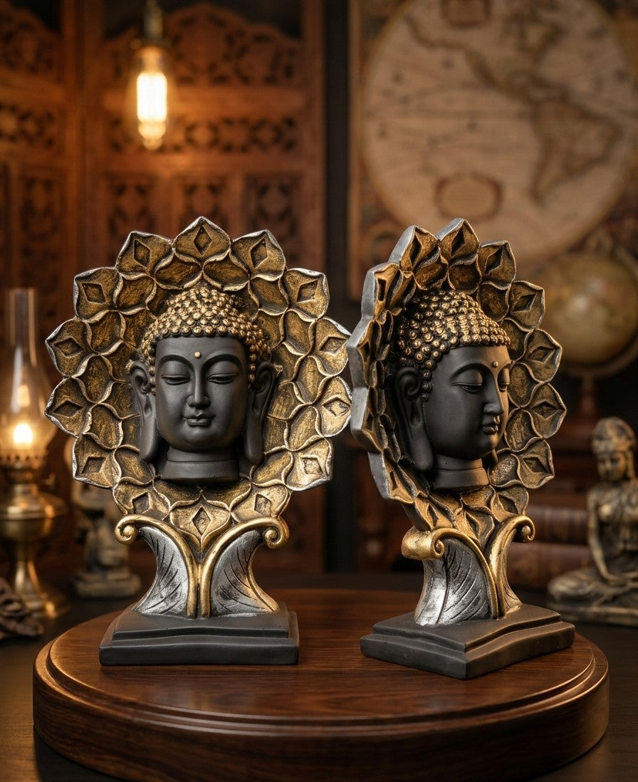 Serene Buddha Head Statue – Matte Black & Gold Halo 12"