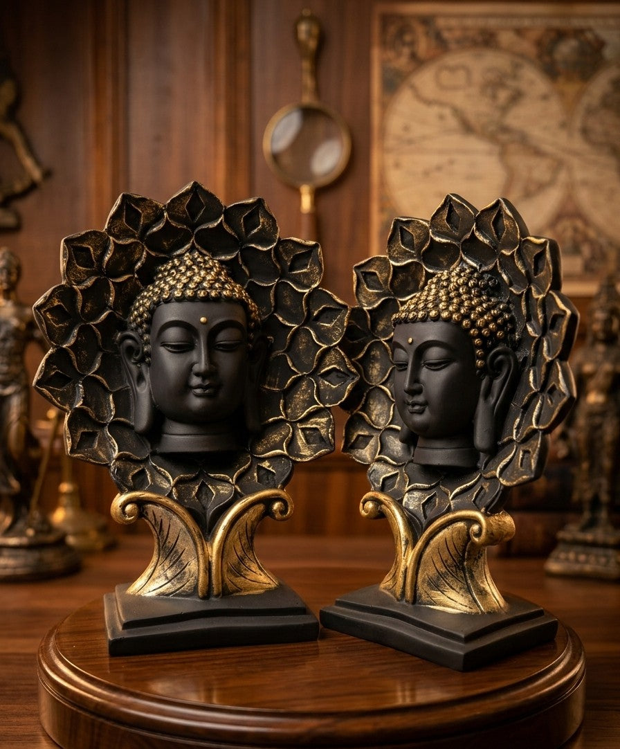 Serene Buddha Head Statue – Matte Black & Gold Halo 12"