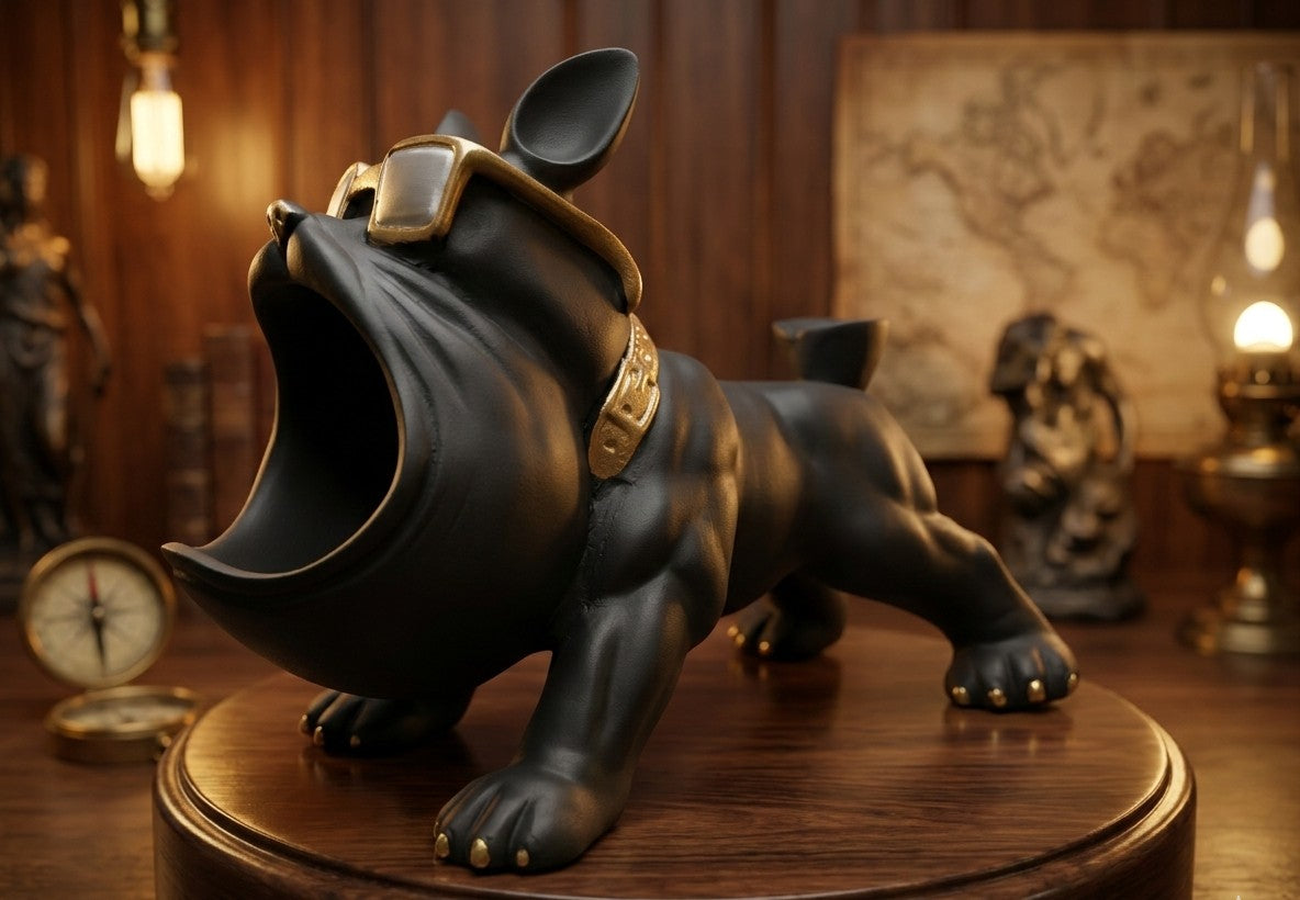 Trendy Bulldog Mouth Storage Statue - Black & Gold 10"