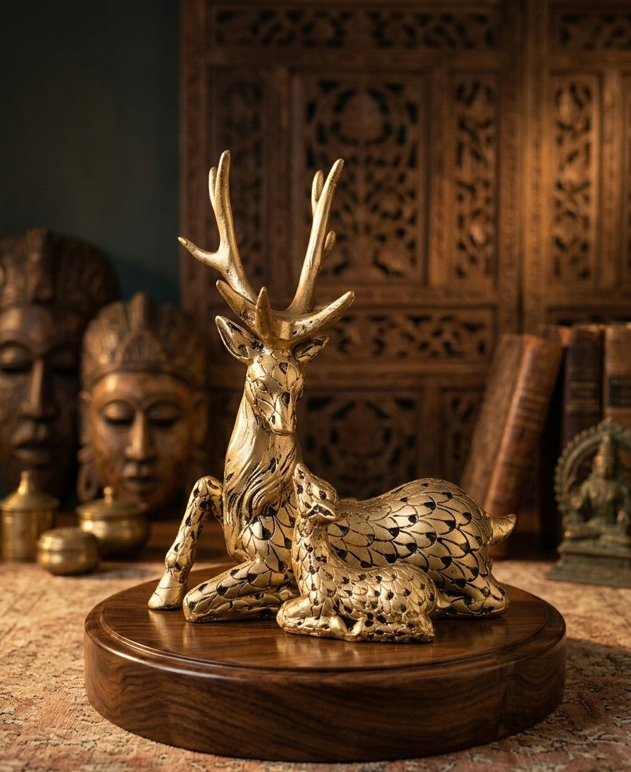 Golden Deer Family Statue 10"