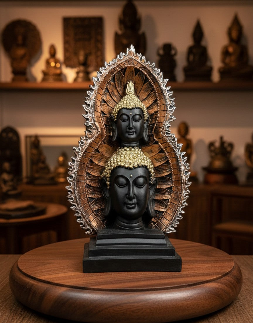 Serene Dual Buddha Head Statue with Aura Halo