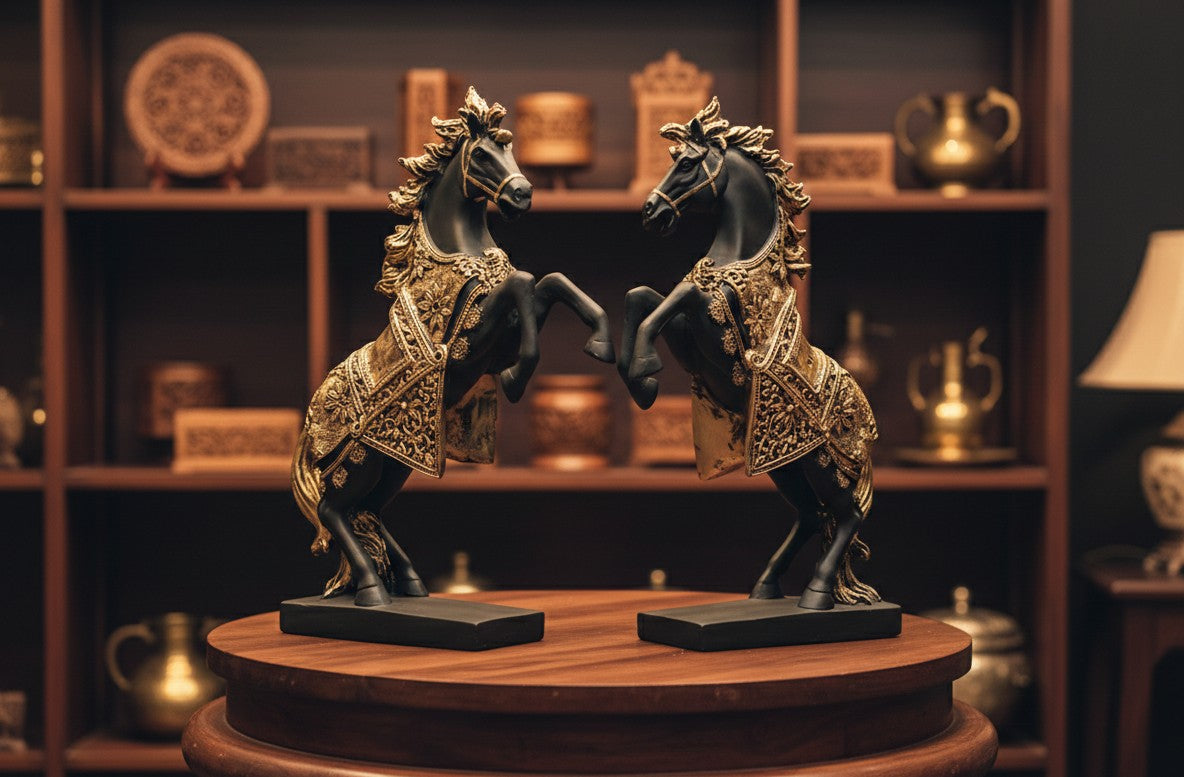 Regal Golden Horse Couple Statue 14"15"