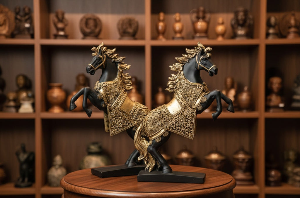 Regal Golden Horse Couple Statue 14"15"