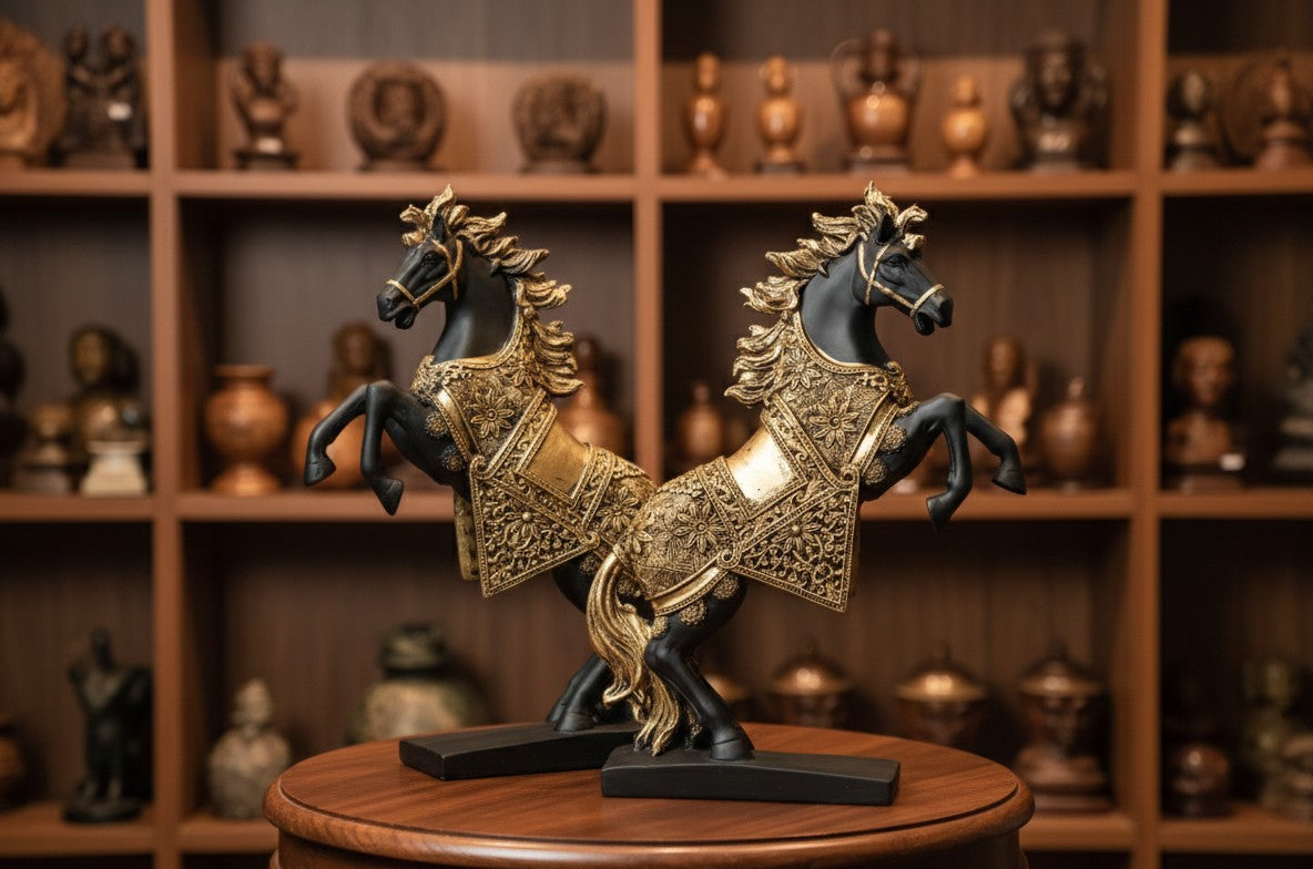 Regal Golden Horse Couple Statue 14"15"