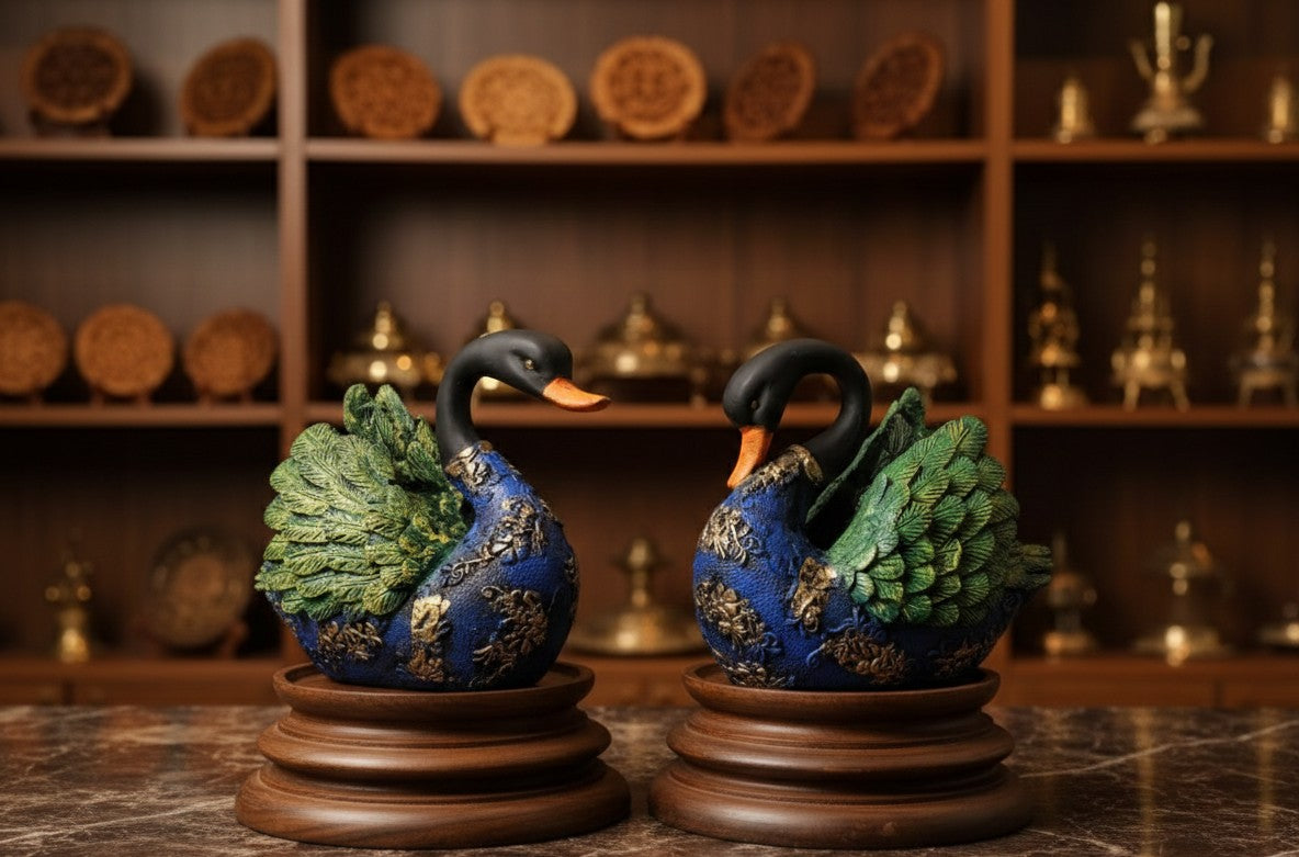 Vibrant Blue & Green Swan Couple Figurine 8"10"