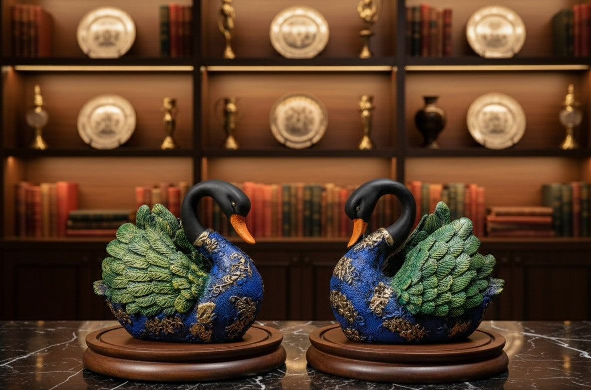 Vibrant Blue & Green Swan Couple Figurine 8"10"