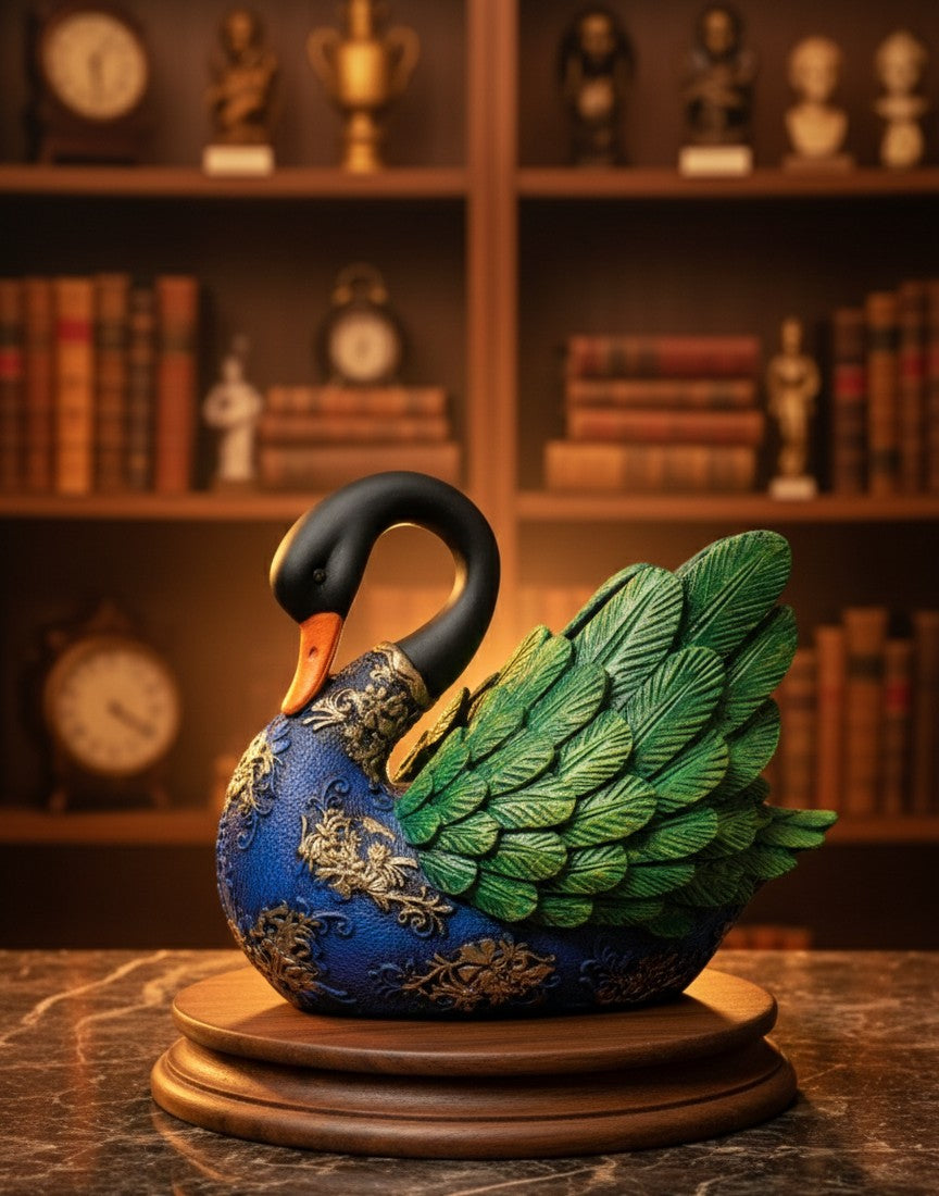 Vibrant Blue & Green Swan Couple Figurine 8"10"