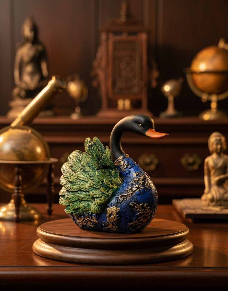 Vibrant Blue & Green Swan Couple Figurine 8"10"