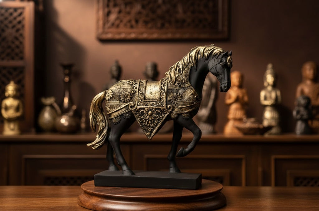 Majestic Black & Gold Horse Sculpture 10"