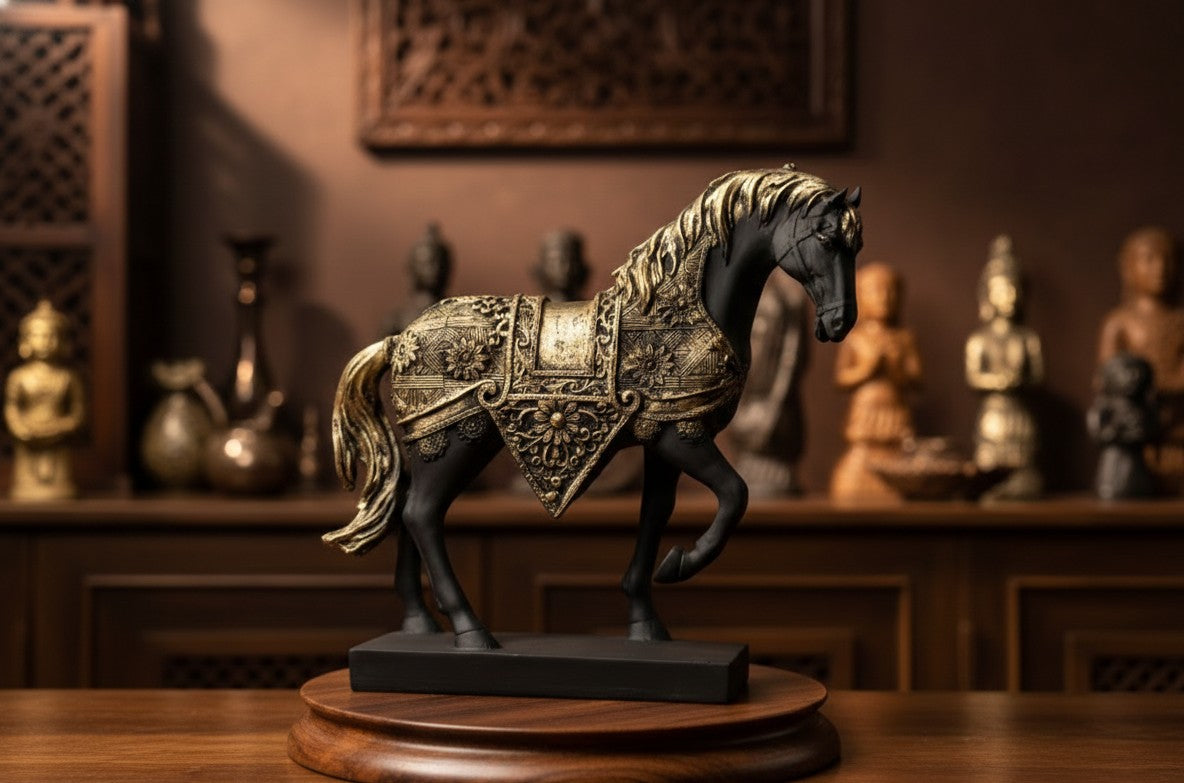 Majestic Black & Gold Horse Sculpture 10"