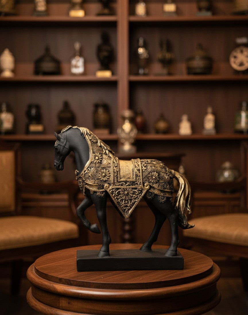 Majestic Black & Gold Horse Sculpture 10"