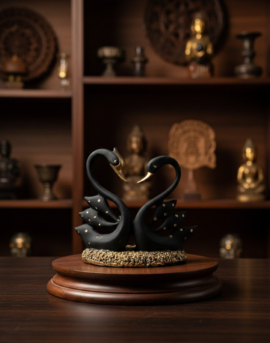 Romantic Minimalist Black Swan Couple Sculpture 10"