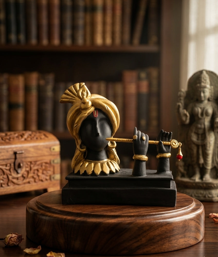 Shyam-Murali Premium Handcrafted Krishna Bust – Vintage Gold & Matte Black Finish